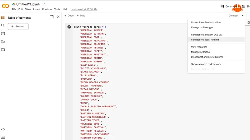Select connect to local runtime