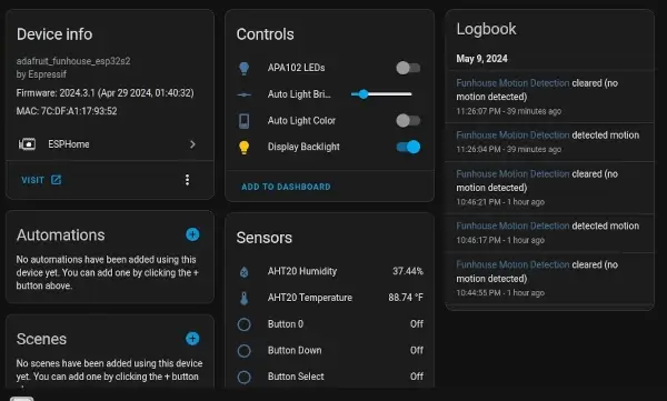 Home Assistant UI Showing Portion of Adafruit Funhouse sensors